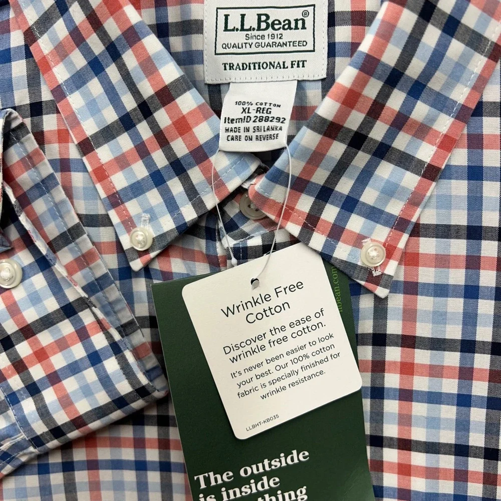 LL Bean Mens XL Regular Traditional Fit Wrinkle Free Cotton Plaid Shirt 288292